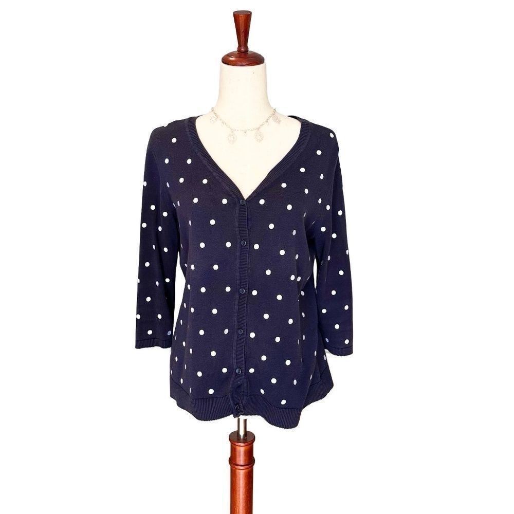 Christoper & Banks 3/4 Sleeve Button-Up Cardigan Blue/White Med